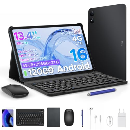 P13 Pro Tablet 13.4 Inch 120Hz Android 16, 48GB RAM + 256GB(TF 2TB) Tablet with Keyboard and Pen, T7280 Octa-Core, 12000mAh/18W, 16MP+8MP, Gemini AI, Widevine L1, Face ID, Dual SIM 4G, Black