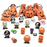 Prextex Halloween Jack-o'- Lantern Canvas Surprise Filled Drawstring Trick or Treat Goody Bags - Set of 6 Bags Filled with Wind Up Halloween fun toys