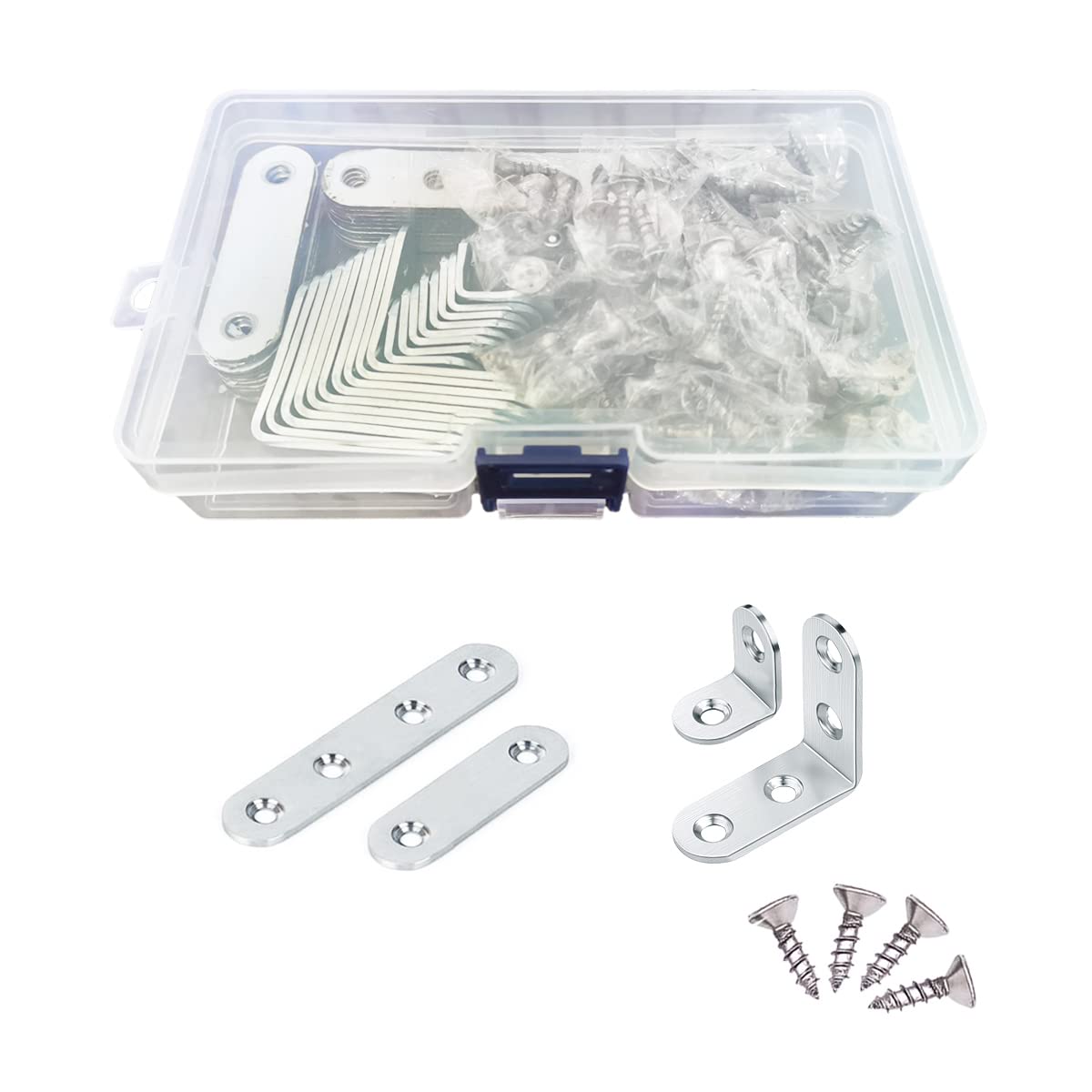 Jarshtime Mending Plate 40 PCS Stainless Steel Straight Joining Brace and Corner Bracket with Screws 2 in 3 in Flat Repairing Fixing Plates with 0.8 in 1.6 in L Shelf Bracket Corner Brace — image 1