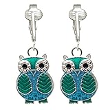 Sparkle Fun Owl Clip On Earrings for Girls, Women-Glitter Sparkling Cute Birthday Gift Non-pierced Ear (Blue Owls)