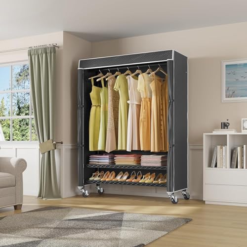 Perchero para Ropa con funda y rudas, Organizador de Metal para Ropa Armario,Perchero de Pie, Closet Organizador, Estante para Balcón, Dormitorio y Lavandería