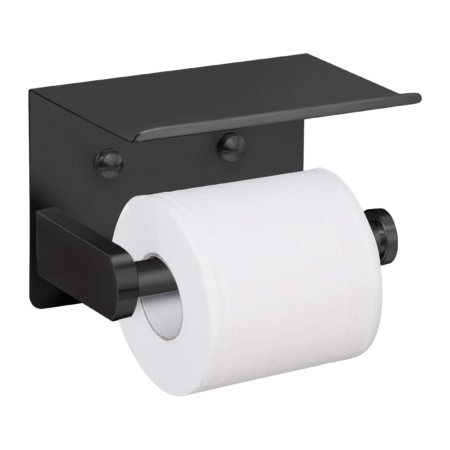 VAEHOLD Self Adhesive Toilet Paper Holder with Phone Shelf SUS 304 Stainless Steel Wall Mounted Toilet Paper Roll Holder - Rustproof and Bathroom Washroom Tissue Roll Holder with Shelf - Black