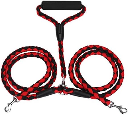 Aidle Double Dog Leash No Tangle W Soft Handle Long Padded Handle Braided Dog Lead for Medium to Large Dogs (Red)