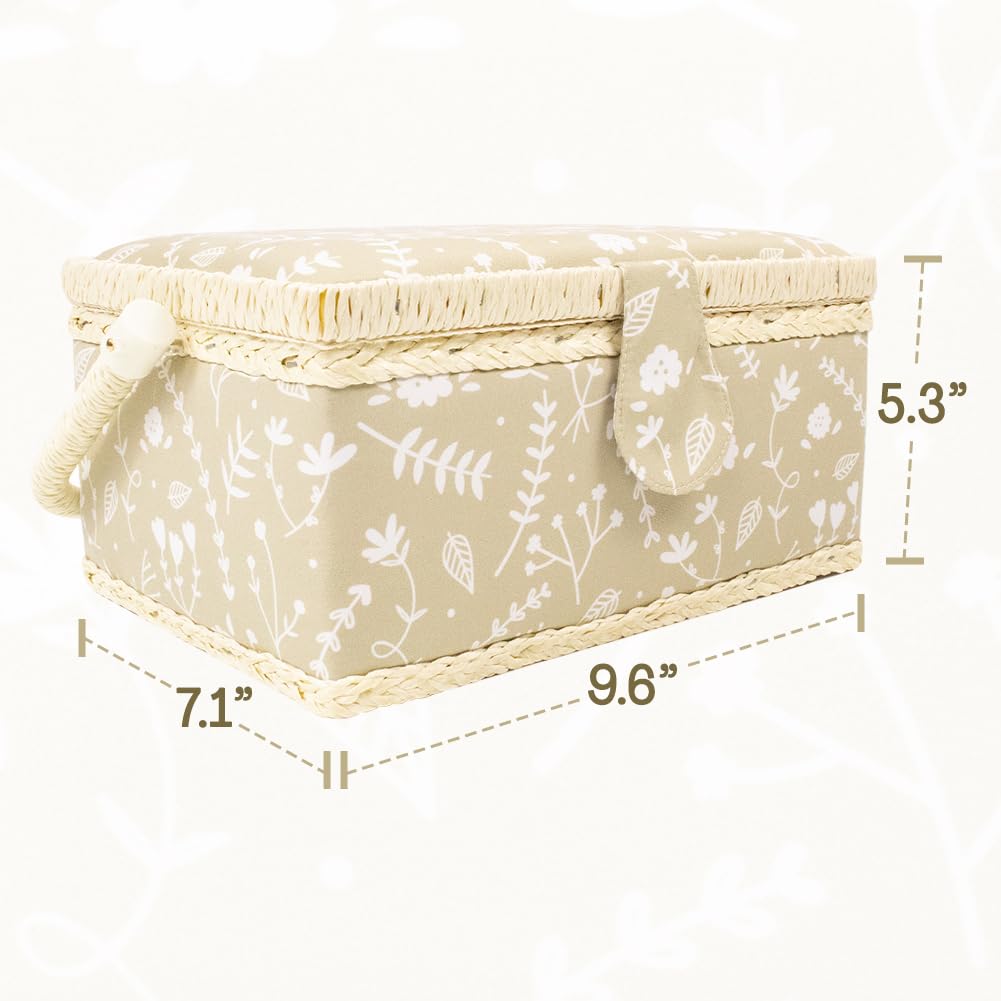 Medium Sewing Basket Sewing Storage and Organizer with Complete Sewing Kit Accessories Included - Wooden Sewing Box Kit with Removable Tray and Tomato Pincushion for Sewing Mending - Beige