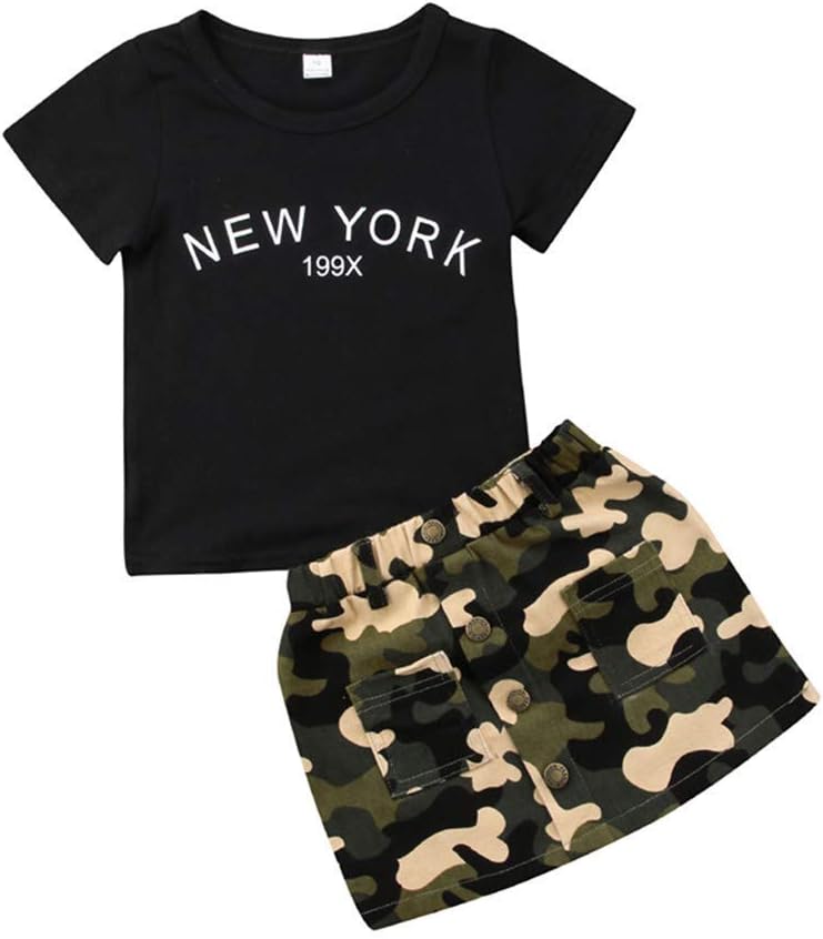 BOEBNOZCVToddler Baby Girls Camouflage Outfit Black Letter Tops Shirt + Denim Skirt Dress Shorts Summer Two Piece Clothes Set