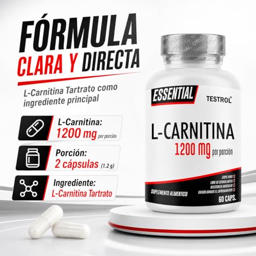 Carnitina Essential 1200mg por porción, L Carnitina Tartatro libre de Estimulantes para Hombre y Mujer, Calidad Premium | TSN Testrol L-Carnitina Essential 60 Cápsulas.