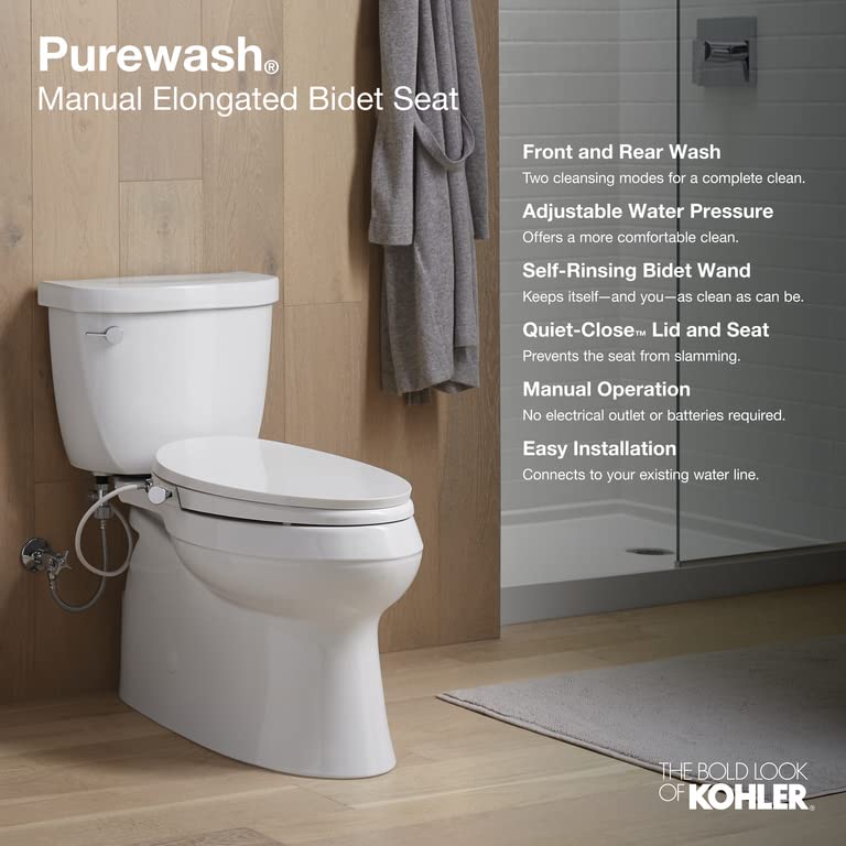 KOHLER PureWash M300 Manual Elongated Bidet Toilet Seat, White Handle, Quiet-Close Lid Prevents Slamming, Toilet Bidet, Easy Installation with Quick-Release Hinges, Self-Cleaning Wand