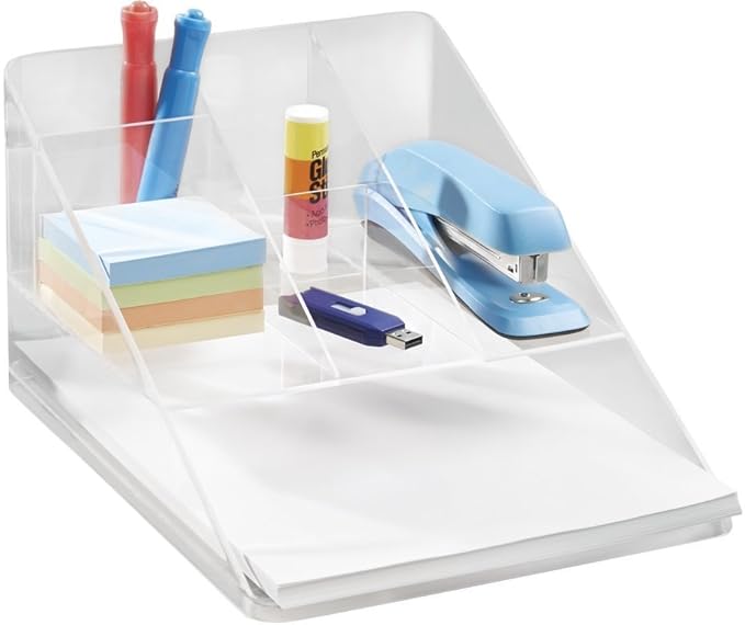 mDesign Desk Organiser Plastic Stationery Holder with Paper Tray