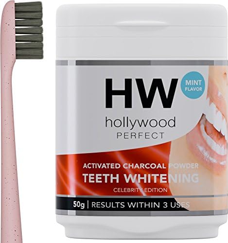 Hollywood Perfect Activated Charcoal Powder Teeth Whitening Formula With Mint Flavor, Charcoal Bristles Toothbrush Included, Improve Dental Health, Quick Results Against Coffee And Tea Stains