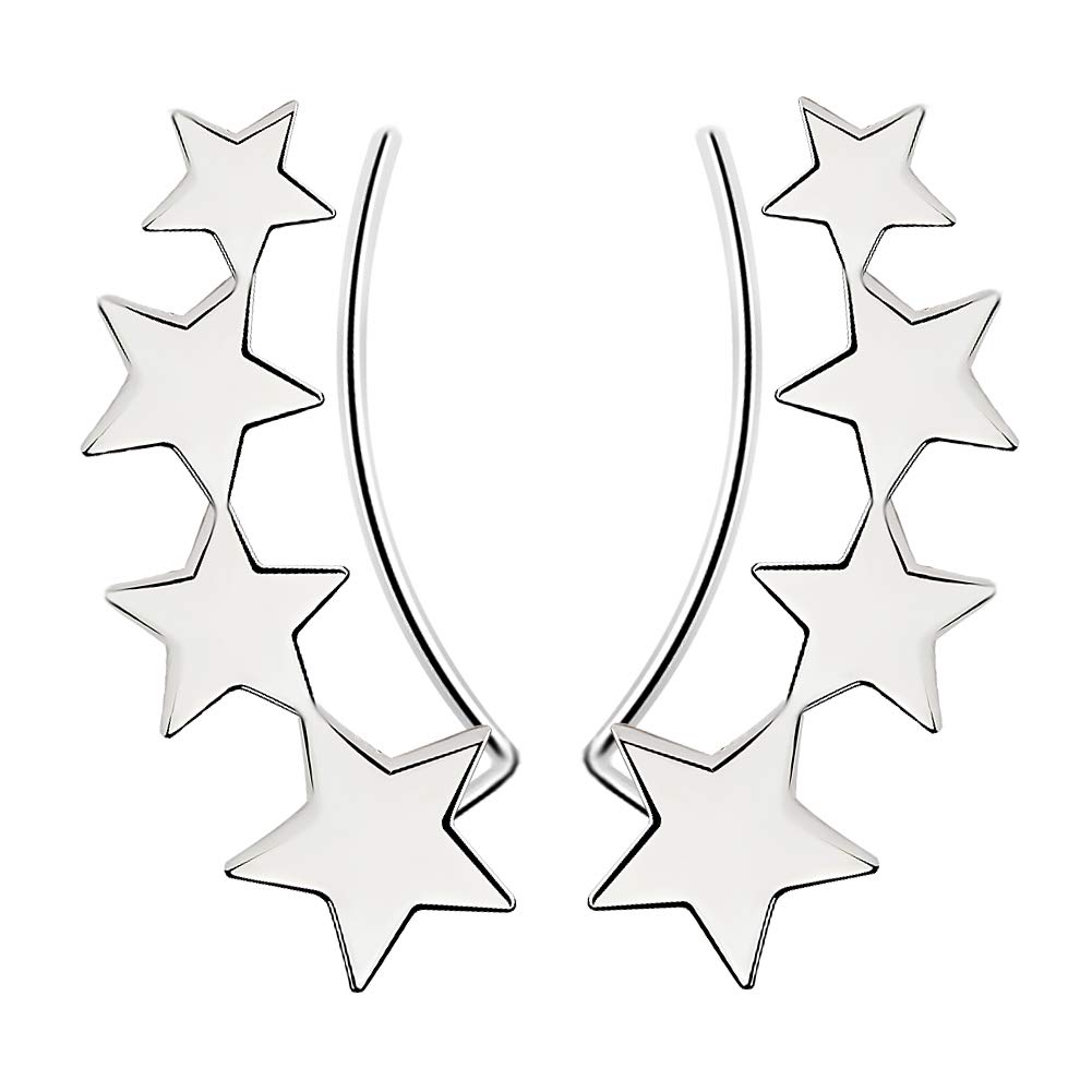 Meyiert Women's 925 Sterling Silver Simple Small 4 Star Ear Cuffs Hoop Climber Earrings (White)