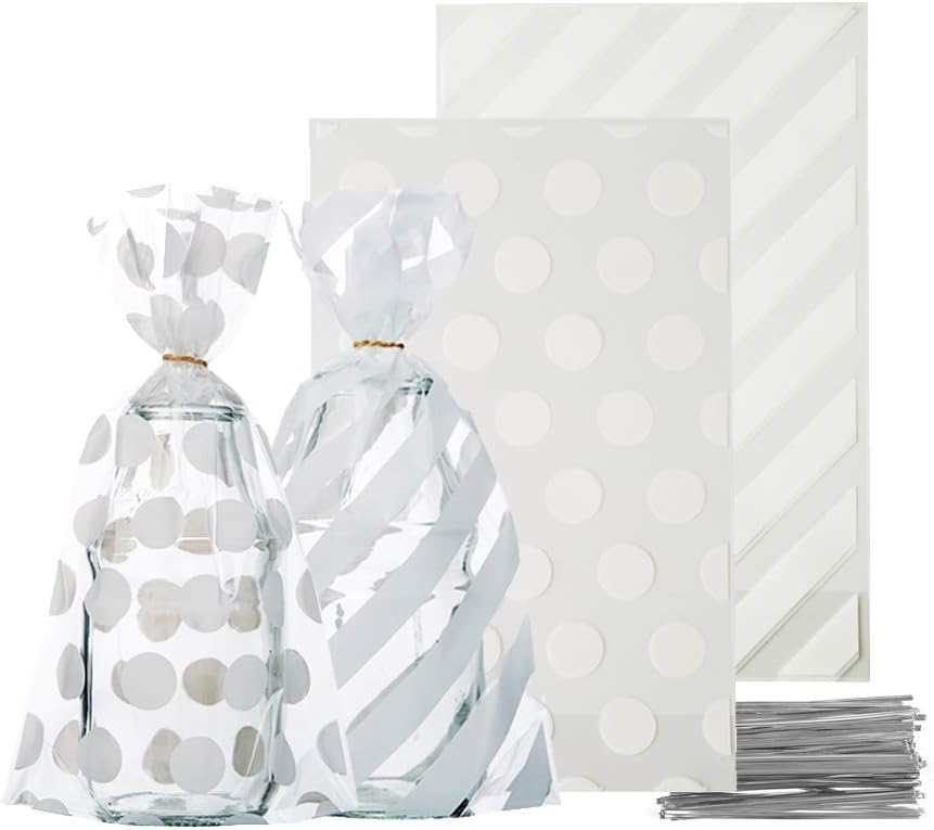 AWELL Small White Cello Bags 6.5x4.5 inch for Treat Candy Cookie Party Favor Bags,White Stripe and White Dot,Pack of 200