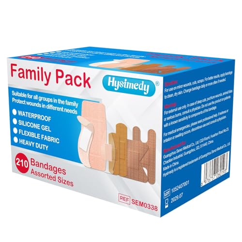 Hysimedy Adhesive Assorted Bandages Variety Pack 210 Counts Flexible Fabric Heavy Duty Waterproof Silicone Hypoallergenic Latex Free for Sensitive Skin Wounds Care Medical First Aid Kit Supplies