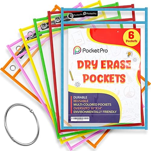 Pocket Pro Dry Erase Pocket Sleeves Plastic Paper Sleeves (Pack of 6) Colorful Clear Plastic