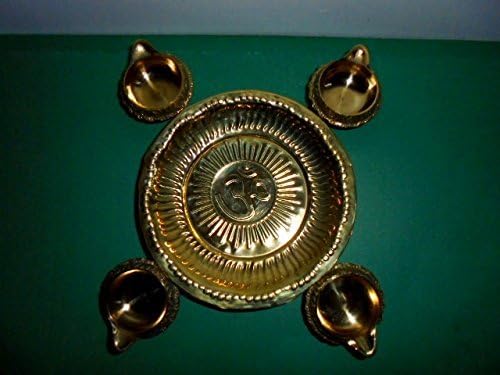 Artcollectibles IndiaSet Of Brass Puja Thali Plate With 4 Kuber Laxmi Diyas For Diwali Lighting Puja Laxmi Goddess Aarti