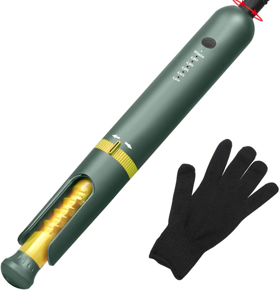 Professional Curling Iron Auto Hair Curler Compact Curling Wand Instant Heating Up Hair Wands Curler with 5 Temperature Adjustments Including Heat Protective Glove (Green): Health & Personal Care