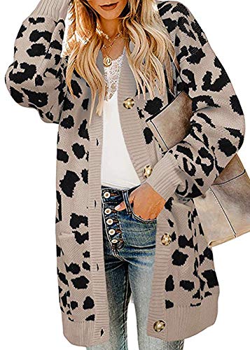 BTFBM Women Chic Leopard Print Cozy Sweater Pockets Button Down Open Front Loose Knitted Long Cardigan with Sleeves (Khaki, Medium)