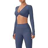 SUUKSESS Women 2 Piece Workout Sets Long Sleeve Twist Deep V Crop Padded Tops Yoga Leggings with Side Pockets