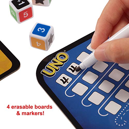 UNO Family Dice Game, with 6 Dice, 4 Dry Erase Boards and 4 Markers