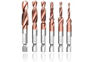 ASDTODW 6 Packs Cobalt Plating Combination Drill & Taps Bit Set,Screw Tapping in 6 Sizes Metric Thread M3 M4 M5 M6 M8 M10, 1/4” Hex Shank Suitable for Stainless Steel, Iron, Aluminum, etc.
