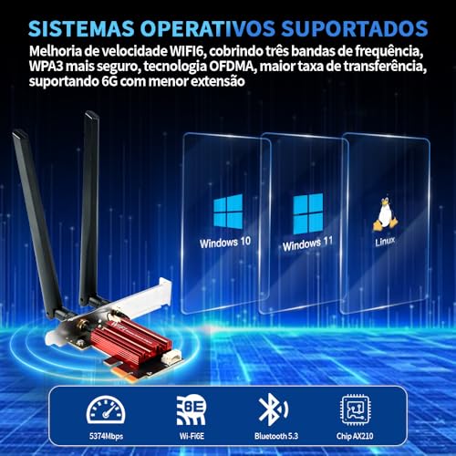 Placa de Rede Wifi, Wireless WiFi 6E, Wi-Fi 6 Bluetooth 5.3, Placa Wifi 5374Mbps Bluetooth 5.3 Win10