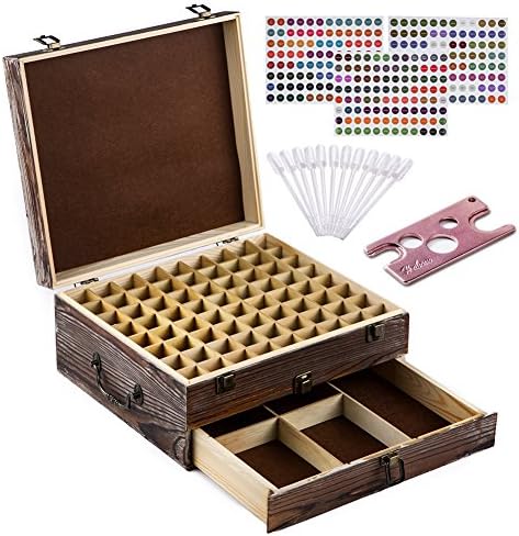 Rustic Essential Oil Wooden Storage Box - with 72 Slots for 5, 10, 15ml Bottles, Rollers &amp; Droppers, Essential Oils Wooden Case Perfect for Display &amp; Presentation - Includes Oils Label, Bottle Opener