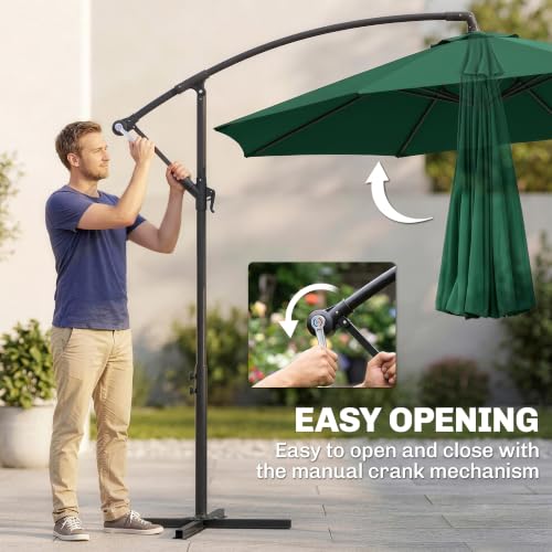 Outsunny 10' Deluxe Patio Umbrella, Outdoor Market Parasol, Banana Hanging Offset Sunshade with Crank, Cross Base