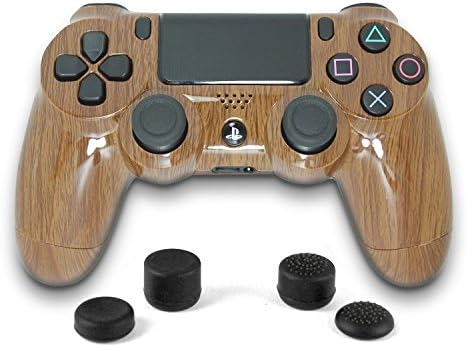 PS4 Dualshock 4 Full Controller with Custom Woodgrain Shell, Bundled with 4 Custom Thumbstick Covers ( GOLD BAG )