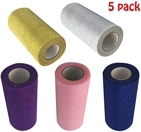 6Inch x 10 Yard Pack Of 5 Sparkling Tulle Ribbon Roll Glitter Tulle Rolls Tulle Spool For Party And Craft