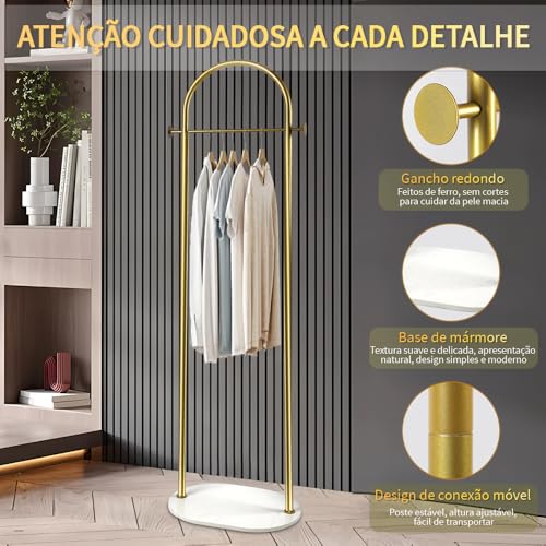 Rack Vertical de Casaco, Arara de Roupas, Cabideiro de Chão, Arara Cabideiro, com Base de Mármore, Prateleiras de Roupas com Prateleiras, 168 x 40cm, Dourado