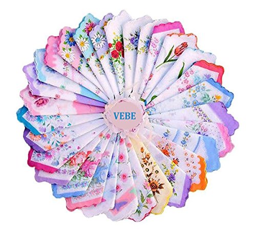 VEBE Womens/Girls Vintage Floral Wedding Party Cotton Handkerchiefs (10 Pieces)
