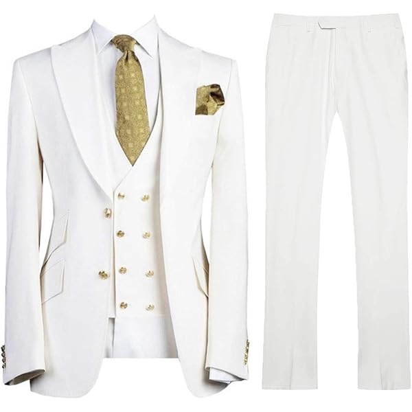 QZI Men's Suit Two Button Peak Lapel Jacket and Vest&Pants White