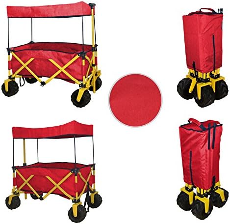 RED JUMBO WHEEL FOLDING WAGON ALL PURPOSE GARDEN UTILITY BEACH SHOPPING TRAVEL CART OUTDOOR SPORT COLLAPSIBLE WITH CANOPY COVER - EASY SETUP NO TOOL NECESSARY - COMPACT FOLDED SIZE SPACE SAVING