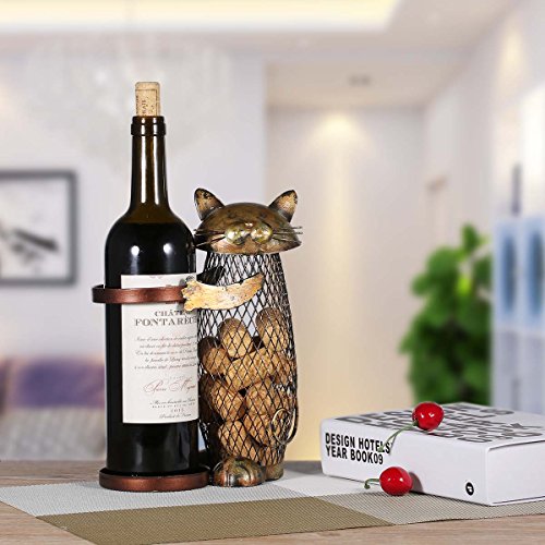 image for Tooarts Cat Wine Holder Cork Metal Wine Barrel Cork Storage Cage Table