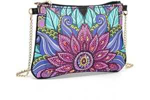 5D DIY Diamond Art Painting Messenger Bag with Chain, Rhinestone Painting Leather Zipper Bag, Handmade DIY Purse Makeup Shoul