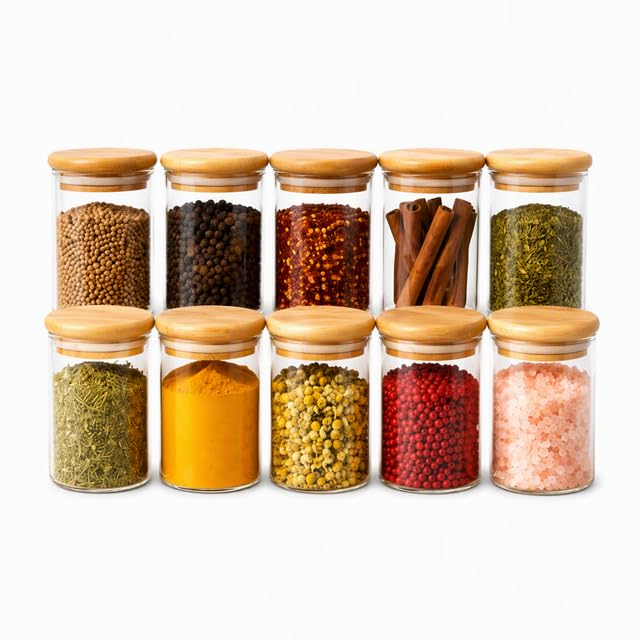 Kit 10 Potes Herméticos de Vidro 250 ml com Tampa de Bambu Redondo | Conjunto de Porta Mantimentos | Organizador de Cozinha com Vedação de Silicone para Temperos, Grãos, Café, Açúcar e Alimentos