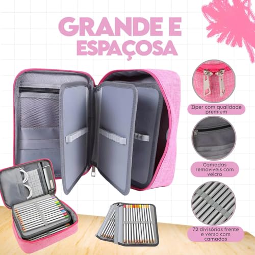Estojo Escolar Box Organizador 72 Divisórias Grande com Alça Porta Canetas e Lápis Case Escolar Multifuncional Removível Premium (Rosa)