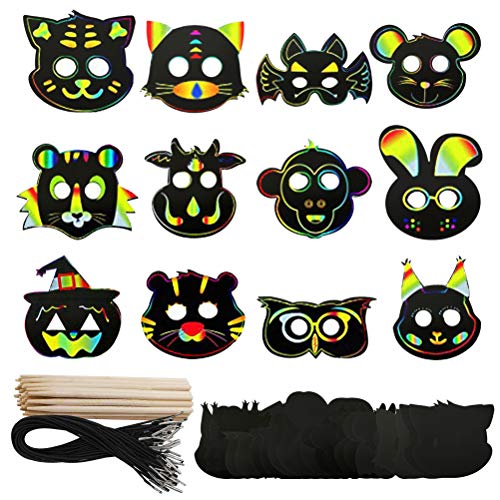 Odowalker Magic Scratch Art Rainbow Scratch Paper Animal Masks Face DIY Gift Scratchboard Art Kits for Kids Birthday Party Supplies 36 Pcs Rope 12 pcs Wooden (Animal Masks)