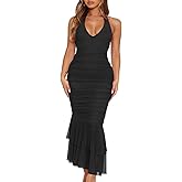HOT ROEE Women's Sexy V Neck Tie Halter Mesh Ruffle Hem Ruched Bodycon Cocktail Party Maxi Dresses