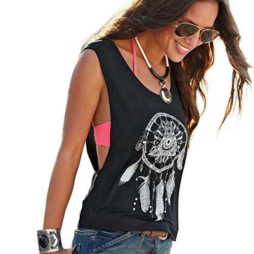 Qisc Women Dreamcatcher Printed Sleeveless Tops Crop Tank Tops Vest Shirt Tee Blouse (Black, M)