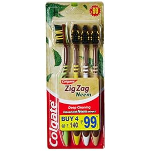 Colgate ZigZag Neem Medium Bristle Toothbrush – 3 Pcs, Soft-Tongue Cleaner, Mullti-angled cross bristles