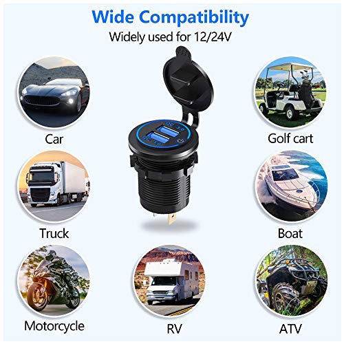 Thlevel Dual QC3.0 USB Charger Socket, Dual 5V/4.2A USB Car Charger Power Outlet with Switch for 12V/24V Car, Boats and Marine, Motorcycle, Truck, SUV, UTV