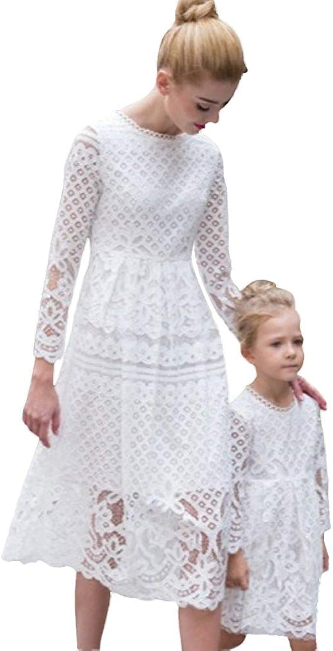 Kleid Mutter Und Tochter Atmungsaktiv Beiläufig Langarm Knielang Mode Spitze Hohl Kleid