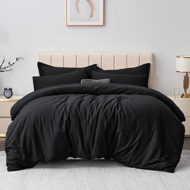 Aisbo Super King Duvet Covers Set Black - 3Pcs Superking Size Bedding Set Soft Brushed Microfiber Quilt Cover with 2 Pillowcases