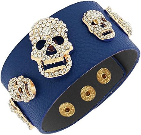 Blue Leather Gold Tone Fashion Scull Crystals CZ Womens Wristband Bracelet