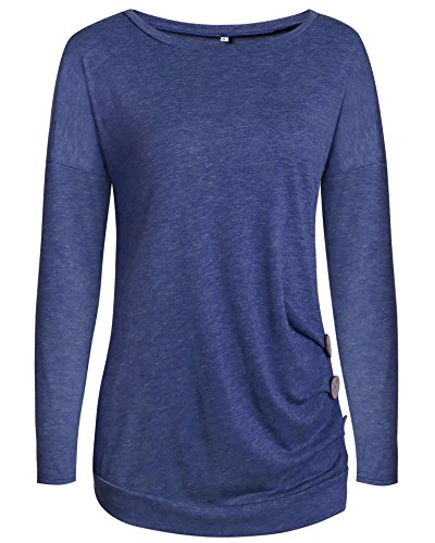 Aliex Women's Tunic Top Long Sleeve Casual Blouse T-Shirt Button Decor Blue L