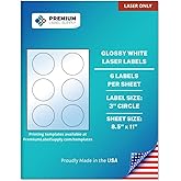 Premium Label Supply Glossy White Sticker Round Labels – 3" Circle – (6 per Sheet) (Glossy White for Laser Only, 60 Labels)