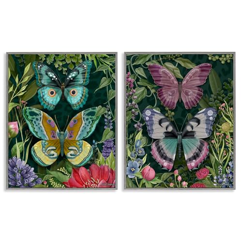 Stupell Industries Wild Garden Butterflies 2 Piece Gray Framed Giclee Art Set d…