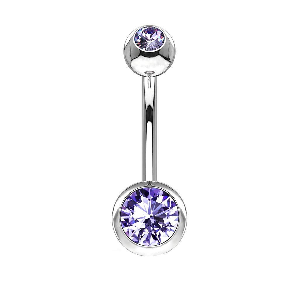 PiercedOff 316L Surgical Steel Belly Bar with Tanzanite CZ Gem Balls - Bar Thickness 14GA (1.6mm) / Bar Length 11mm / Ball Sizes 5mm Top Ball and 8mm Bottom Ball