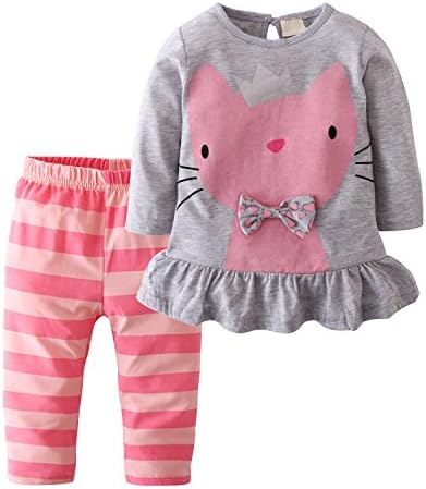 Derouetkia Baby Girl Toddler 2Pcs Outfit Set Print Long Sleeve Cartoon Cat Tops Stripe Pants (60(0-6 Months))