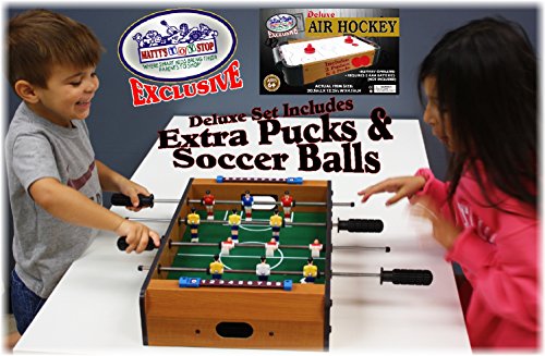 Matty's Toy Stop Deluxe Wooden Mini Table Top Air Hockey (Extra Pucks) & Foosball (Soccer) (Extra Balls) Games Gift Set Bundle - 2 Pack